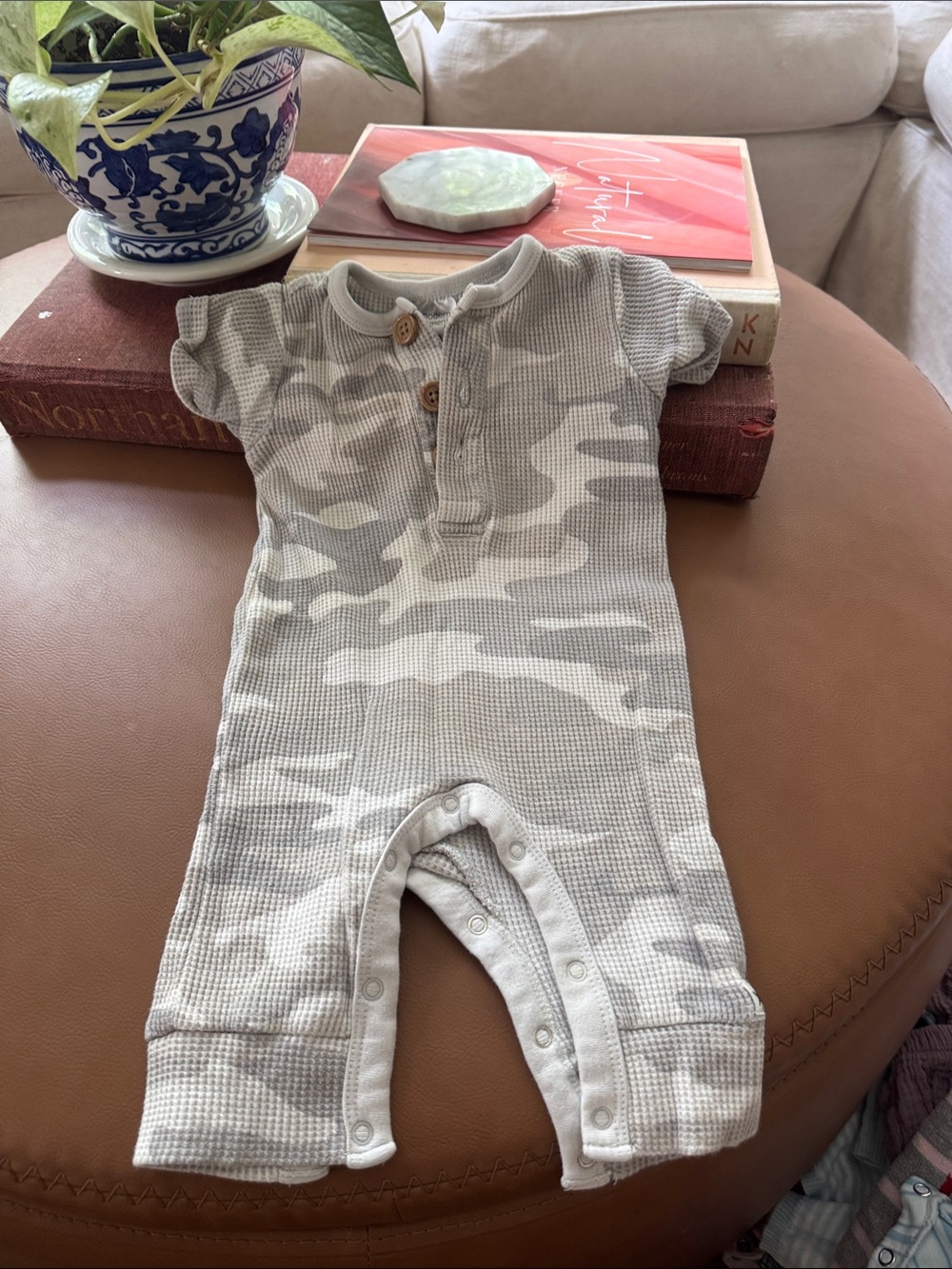 Neutral Camo Short-Sleeve Waffle Knit Baby One-Piece